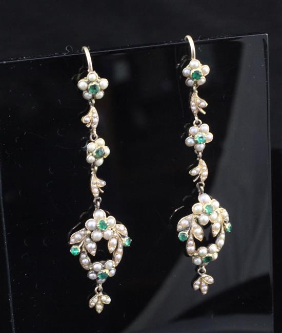 A pair of late Victorian gold, emerald and seed pearl set drop earrings, overall 2.25in.